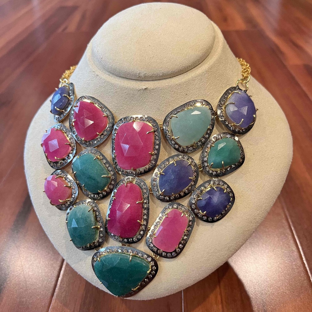 New Multi Gemstone Necklace Gold‎ Tone Chain Faceted Chunky Statement Green Pink